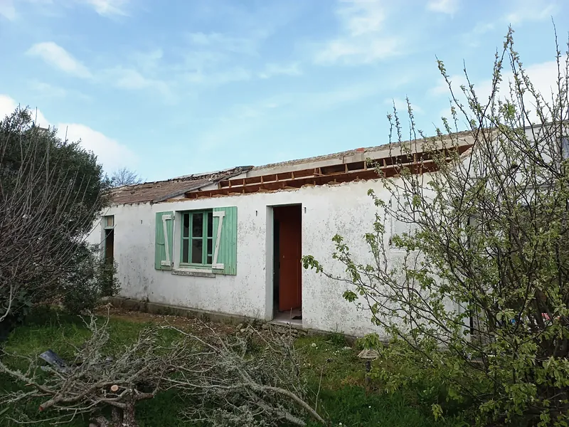 Annexe enduite de blanc avec fenêtre à volets verts et porte orange, charpente à nu, arbustes et branches coupées au premier plan.